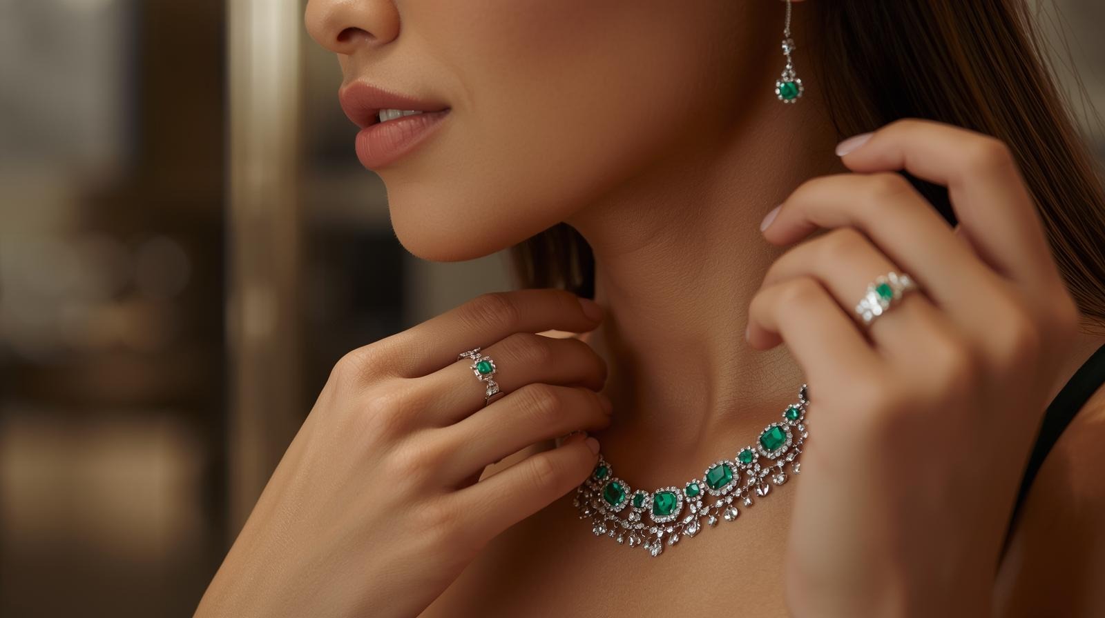 A cushion-cut emerald and diamond choker worn close to the throat, paired with a slim emerald solitaire ring.