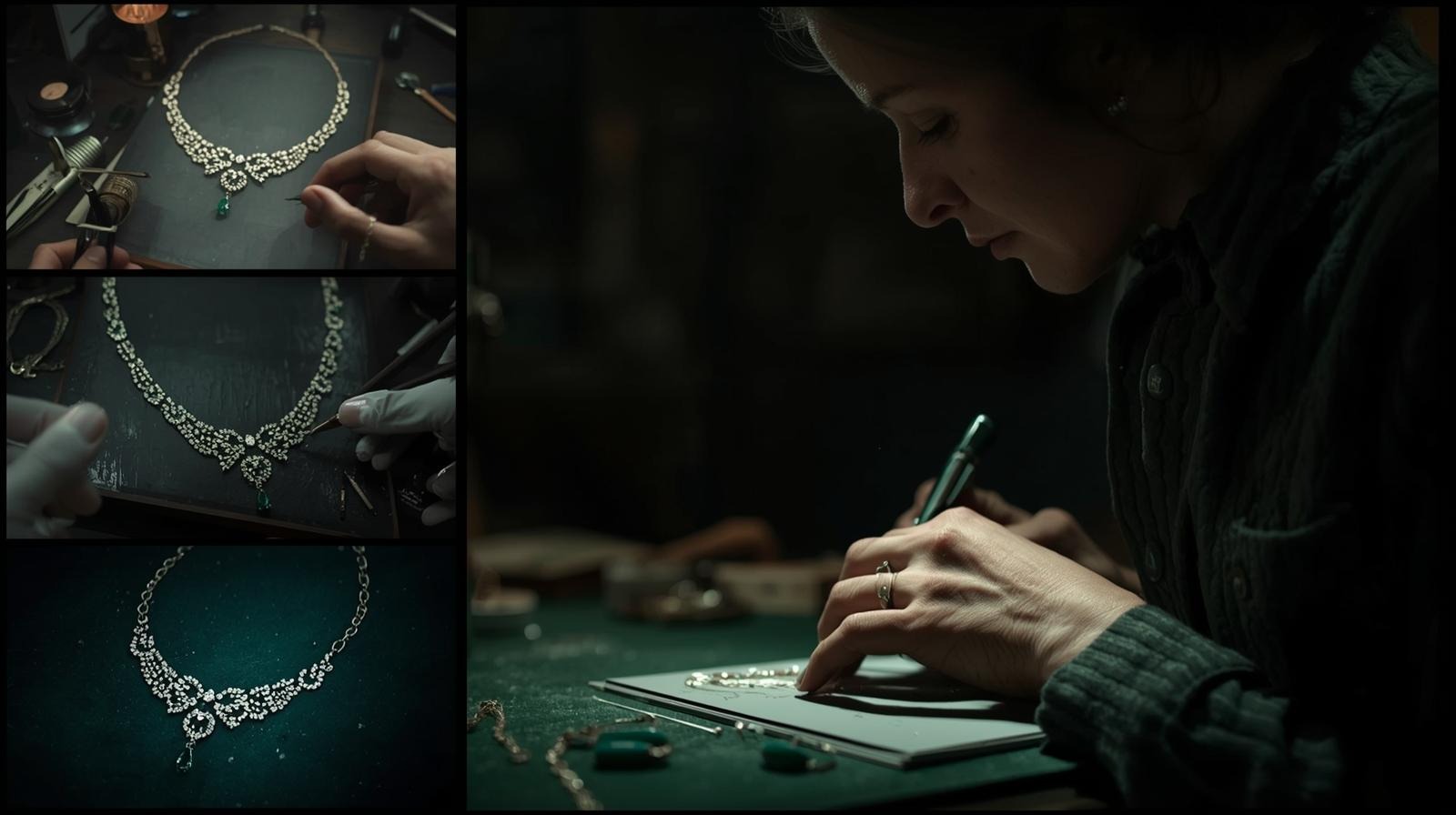 Studies of a diamond and emerald necklace, in steps