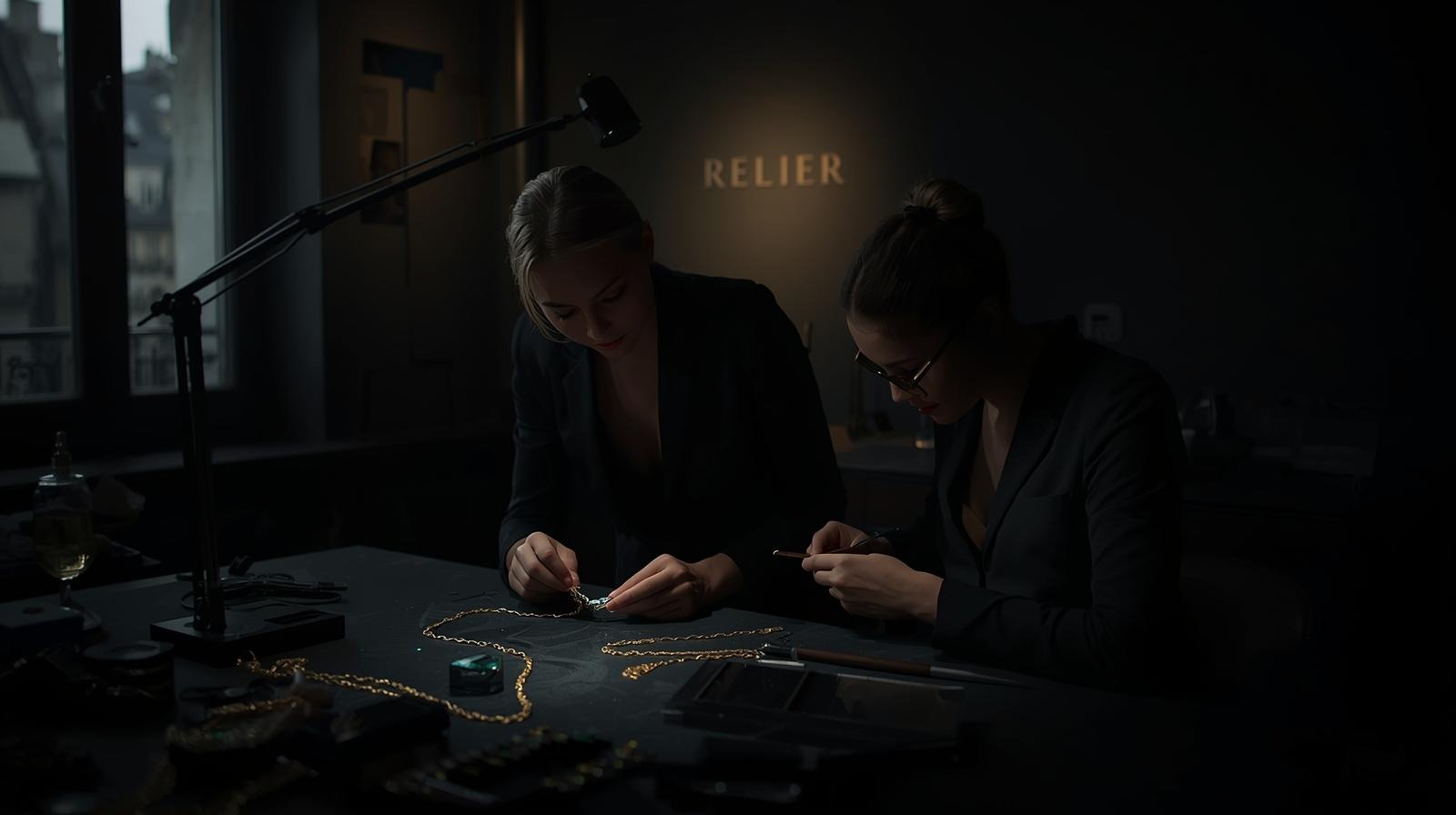 Two jewellers assembling a fine chain by hand
