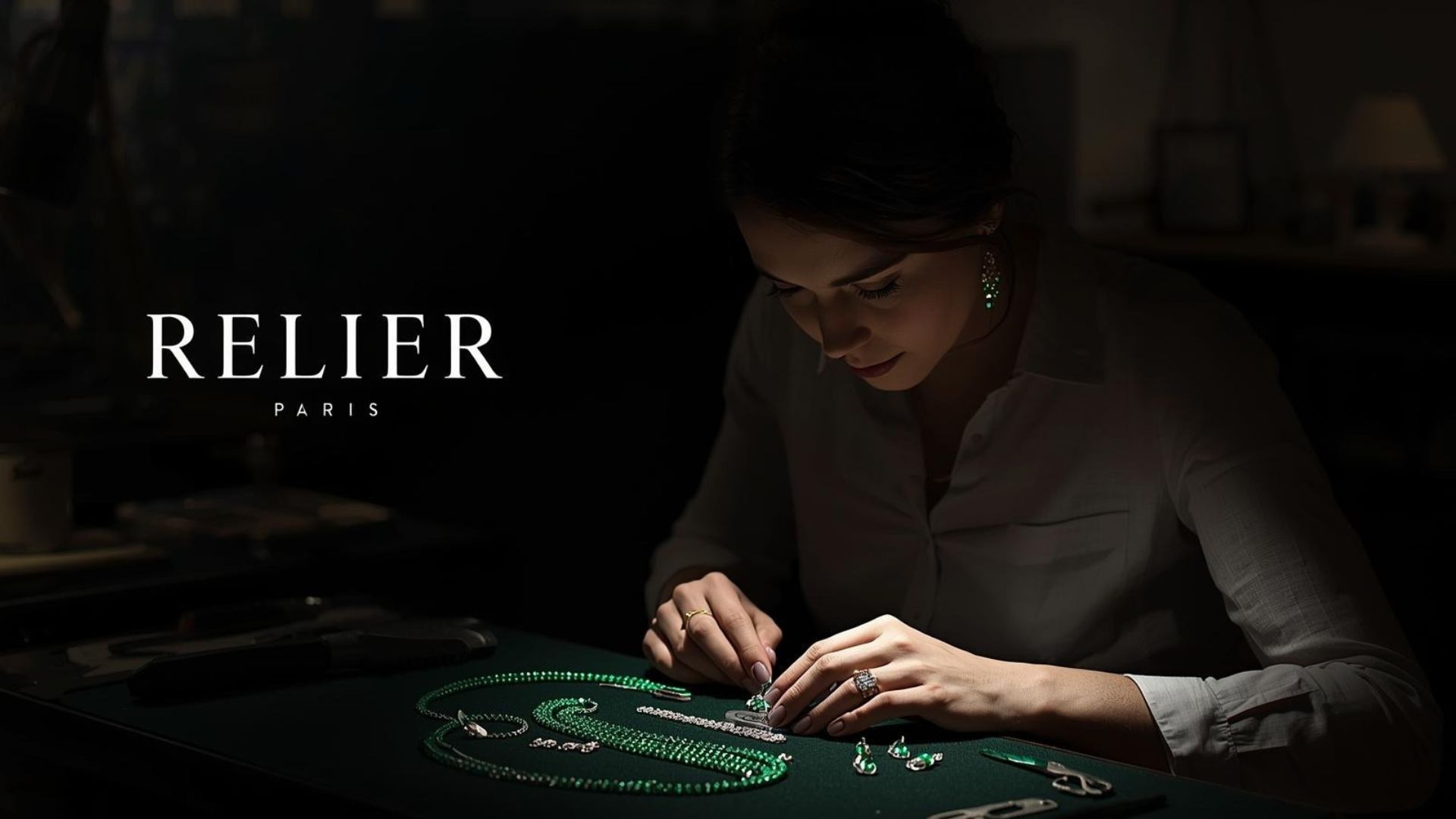 An artisan in white, leaning over a long table of emeralds, diamonds and silver chains under a single lamp.