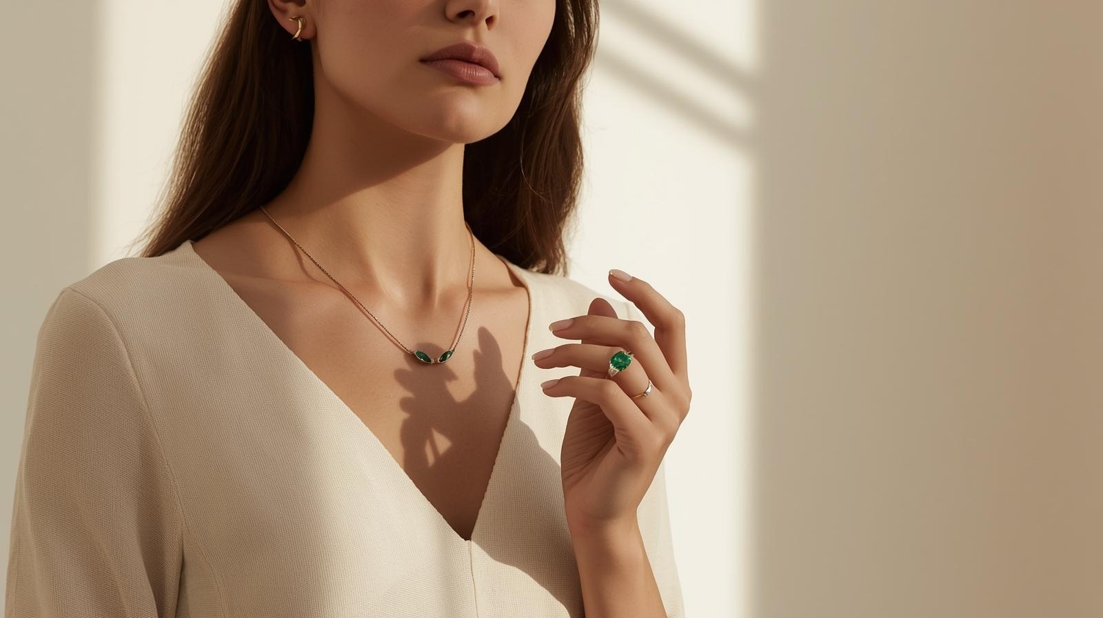 A duo necklace of two emerald cabochons and an emerald cocktail ring in rose gold.