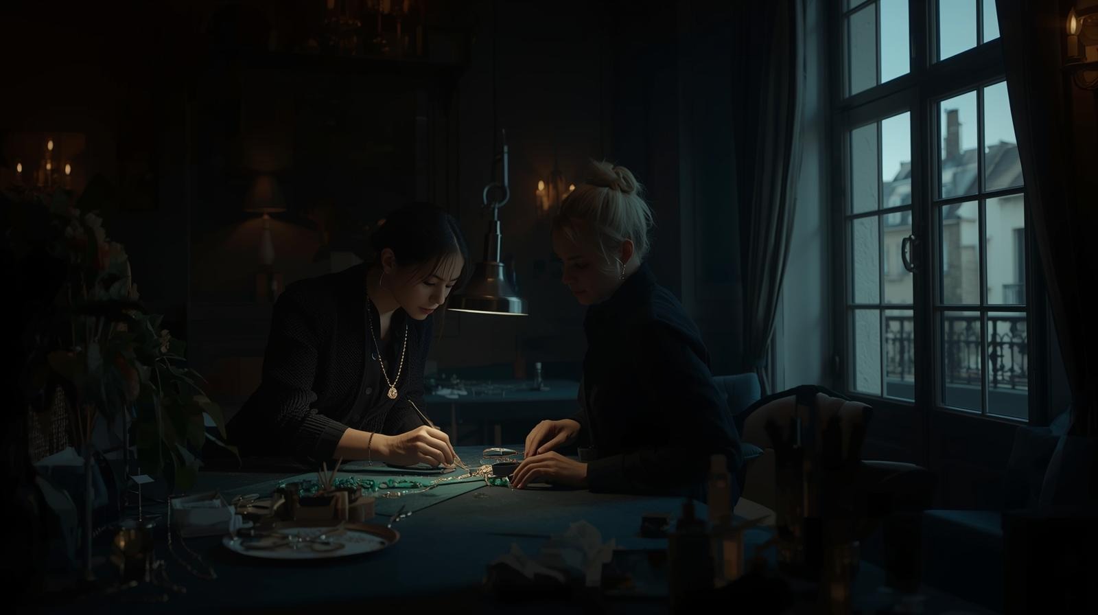 Two jewellers working side by side by the window at dusk