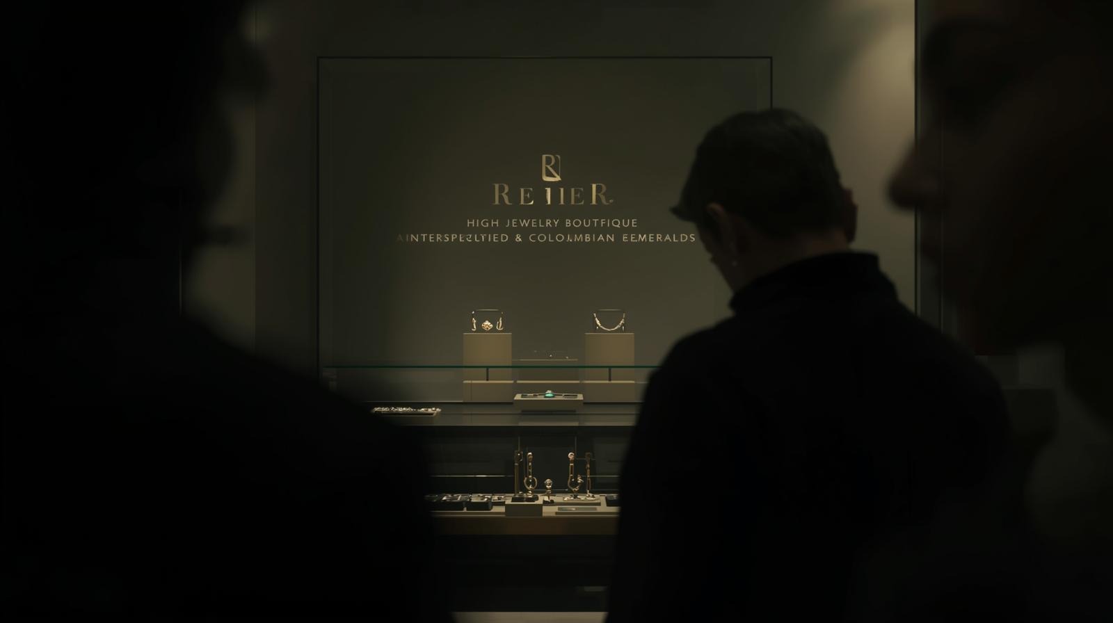 A vitrine of golden jewels seen through the silhouettes of two visitors.