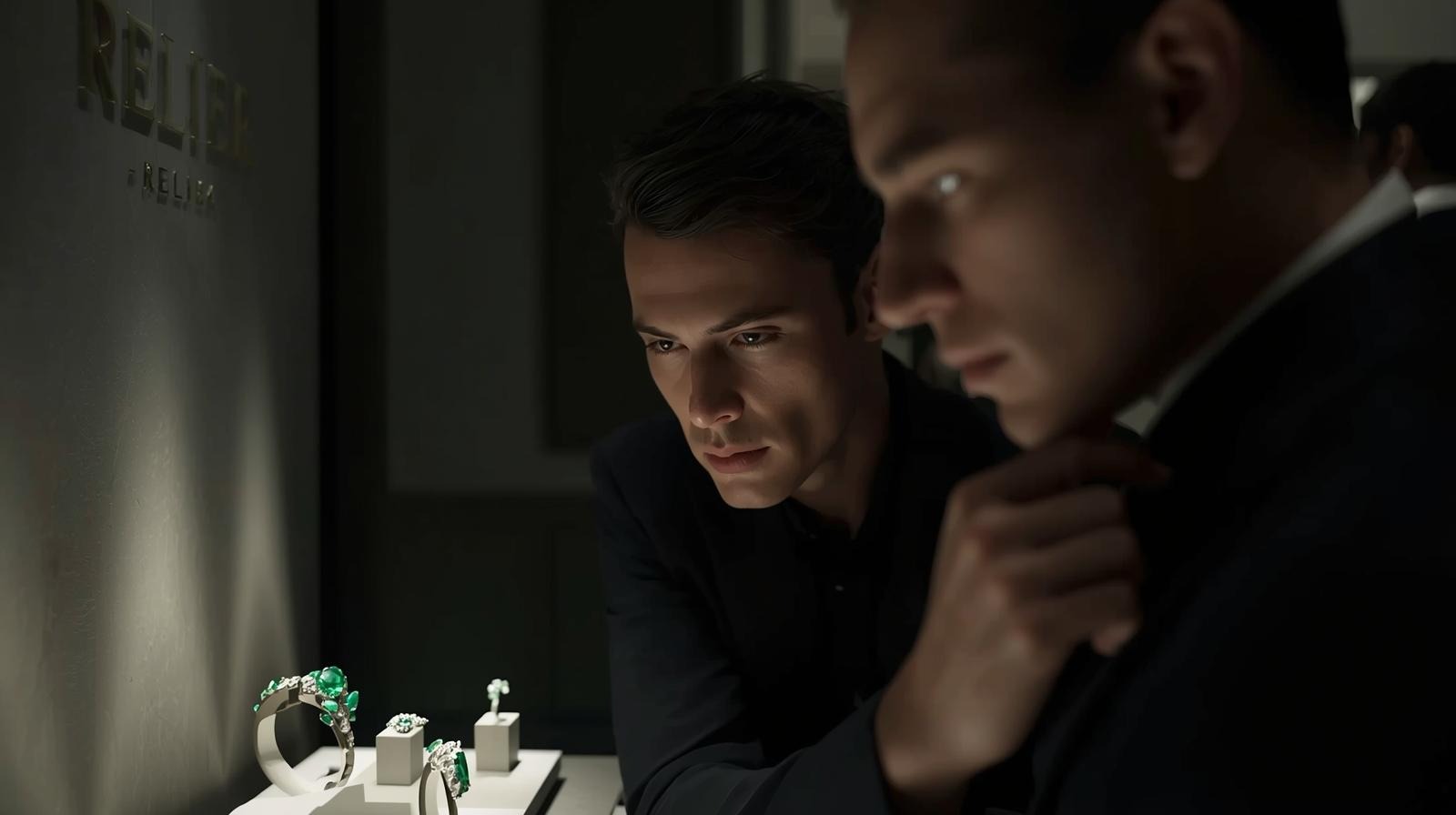 A connoisseur leaning towards an emerald ring lit by a single warm beam.
