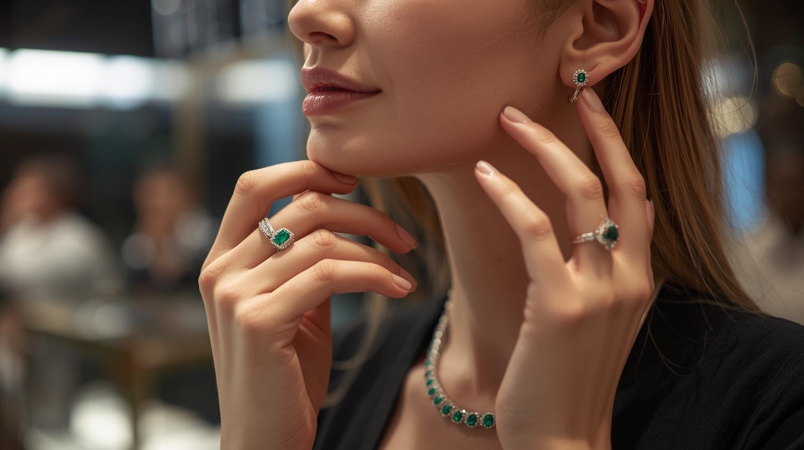 An emerald-cut ring on the index finger and a tennis necklace of emeralds at the throat.