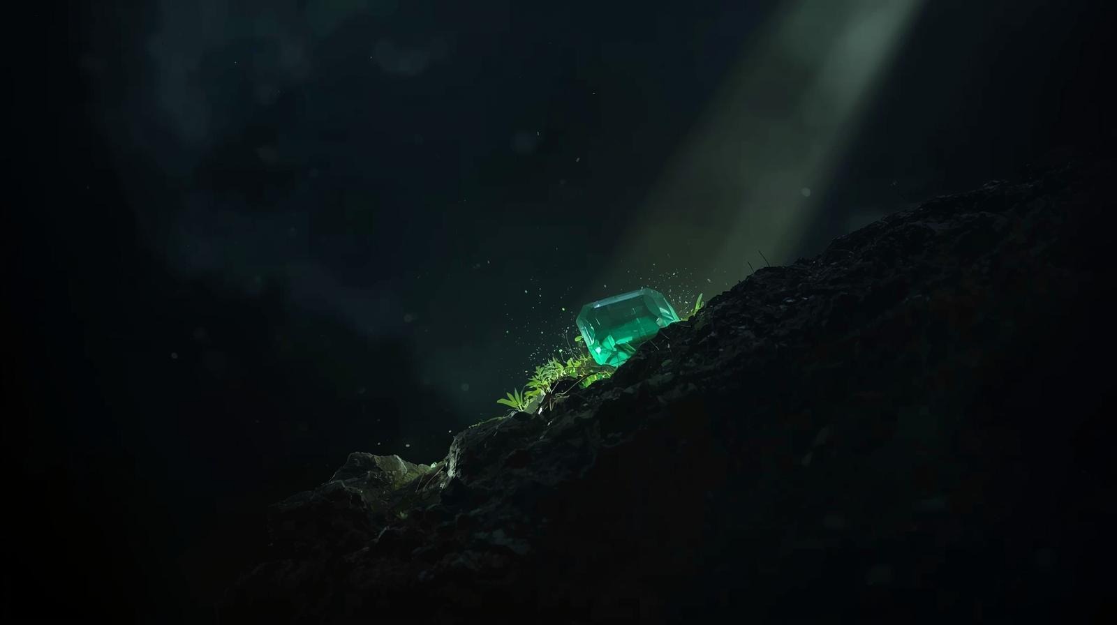 A single emerald on a dark slope, a shaft of light descending upon it from above.