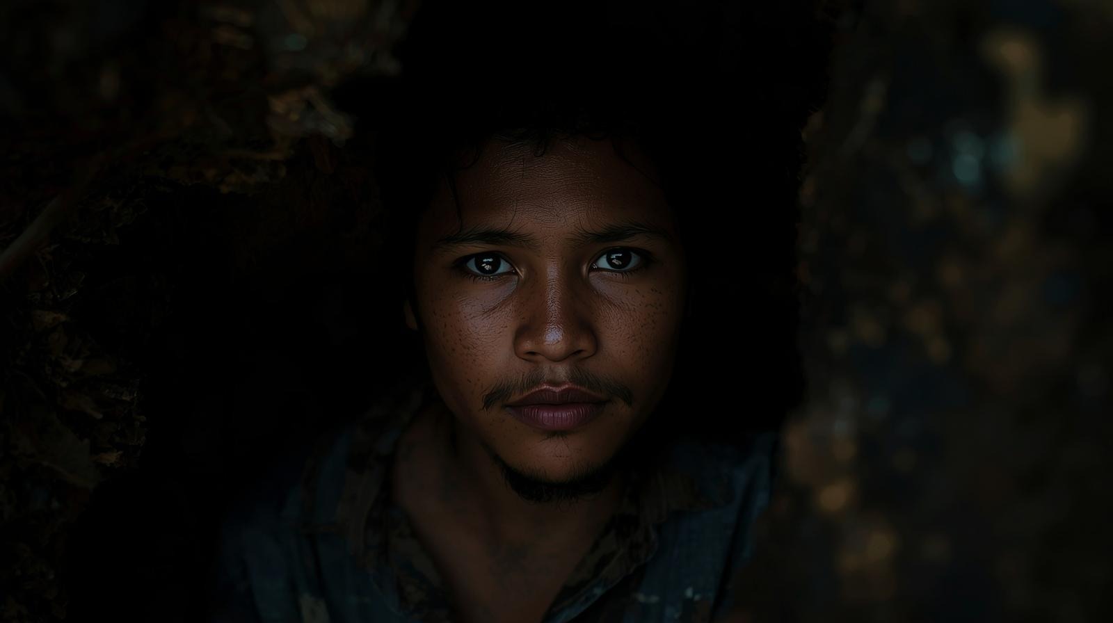 A young miner seated between two great rocks at the edge of the forest, looking quietly into the lens.