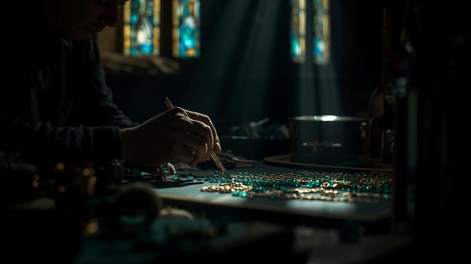 A jeweller bent over the bench beneath stained-glass light, emeralds gathered before him.