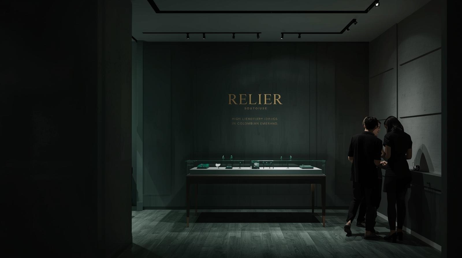 A nearly empty chamber: a vitrine of emeralds beneath the Relier name in gold.