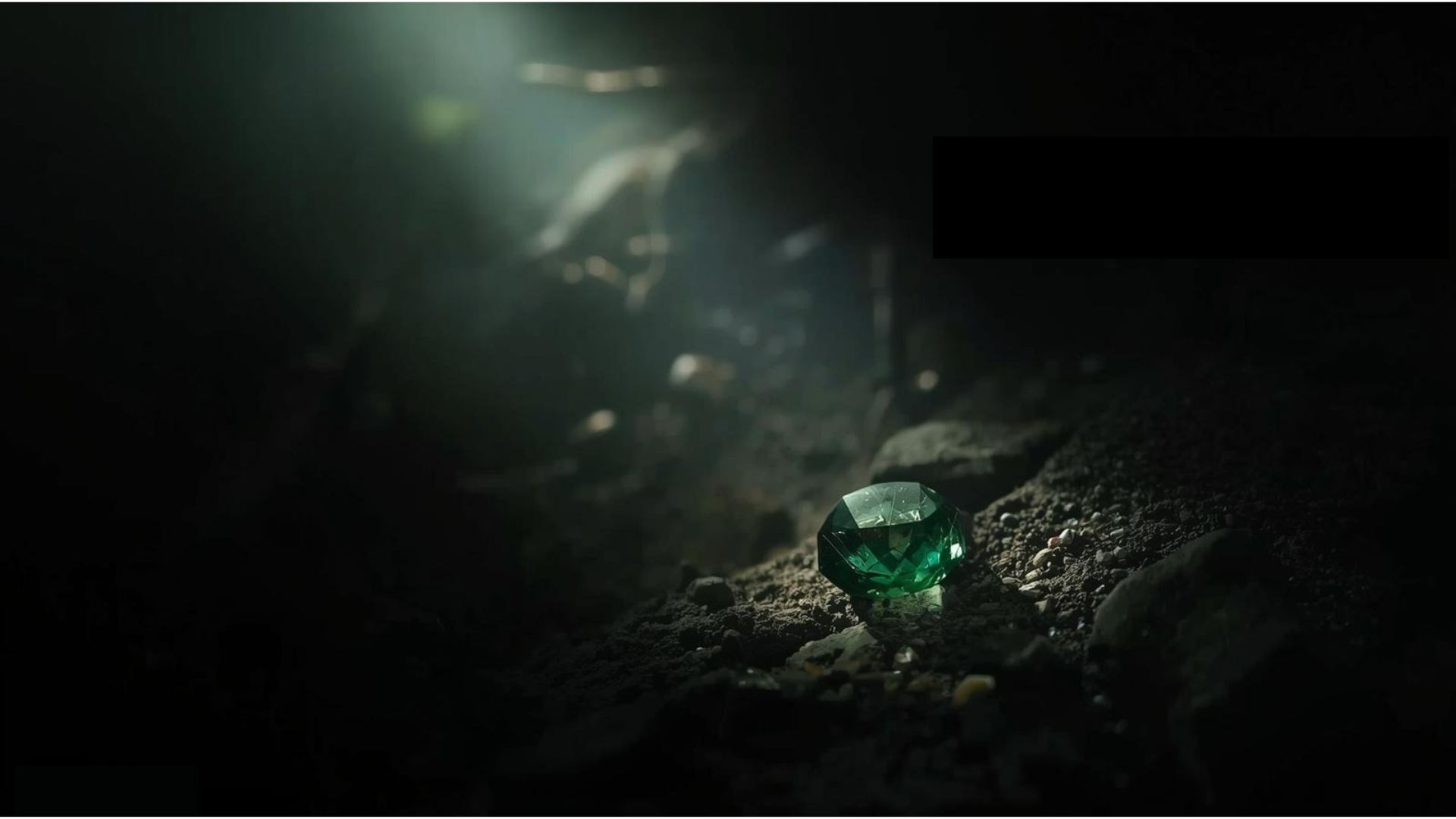 An emerald resting on dark earth beneath a single fall of light.