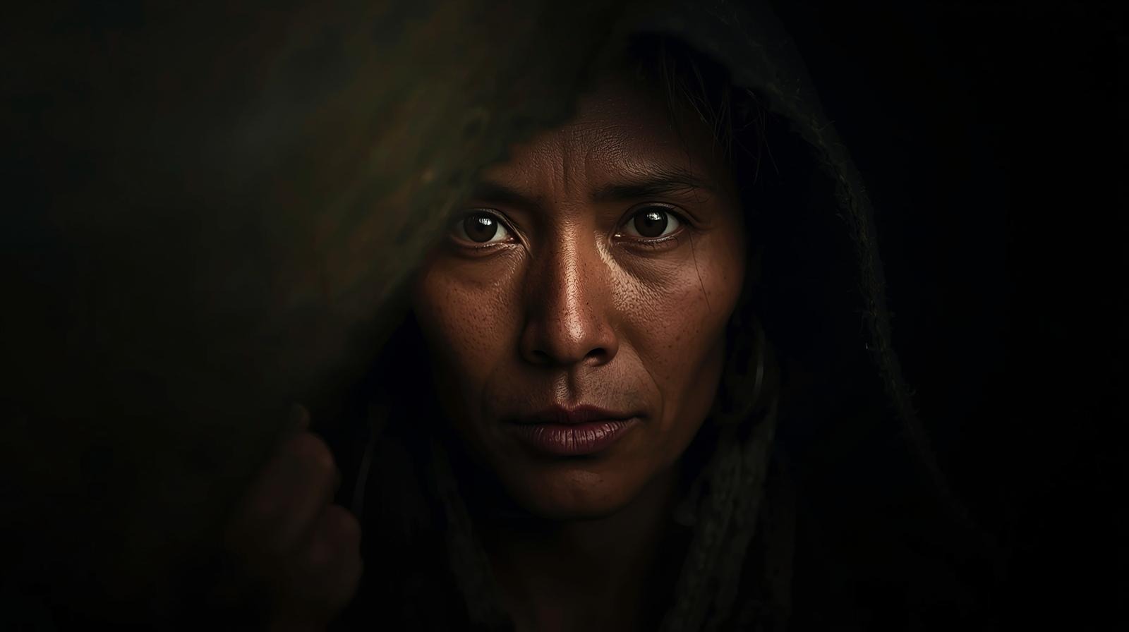 A woman of the mining village, hooded, holding the fabric of her shawl close to her face.