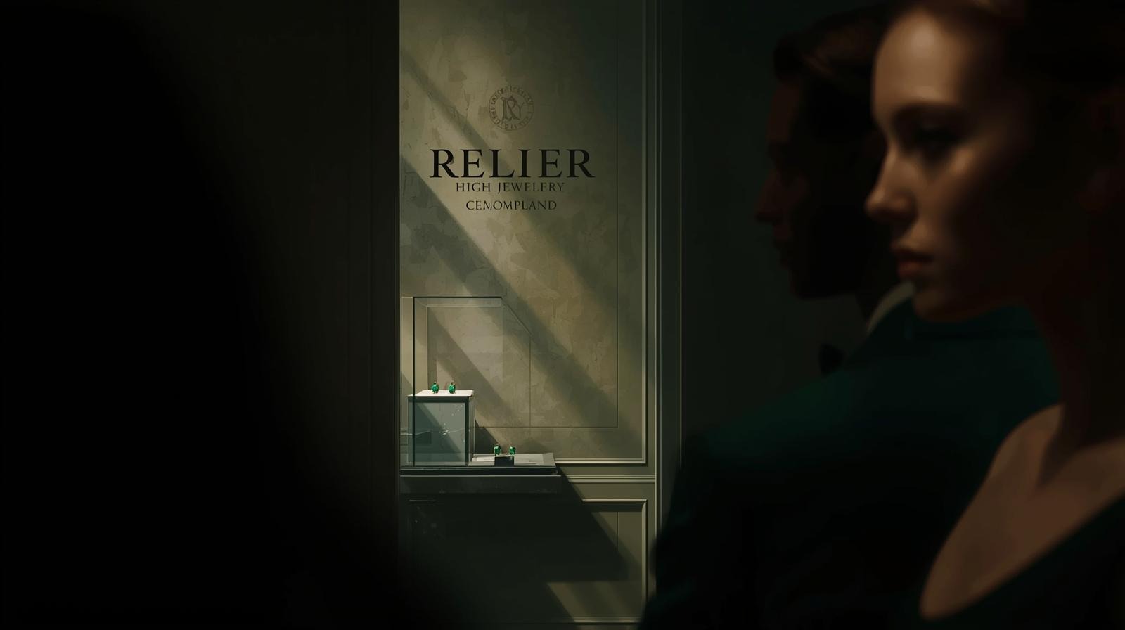Two visitors pass before the Relier wall, a vitrine catching a single shaft of daylight.