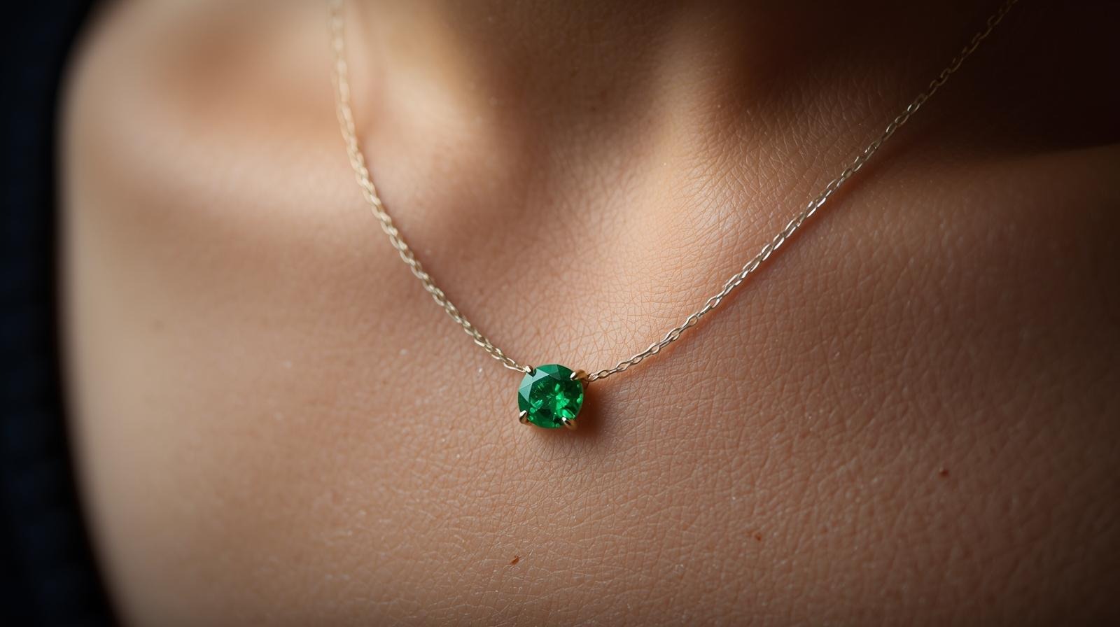 A single round emerald solitaire on a fine gold chain, worn at the collarbone.